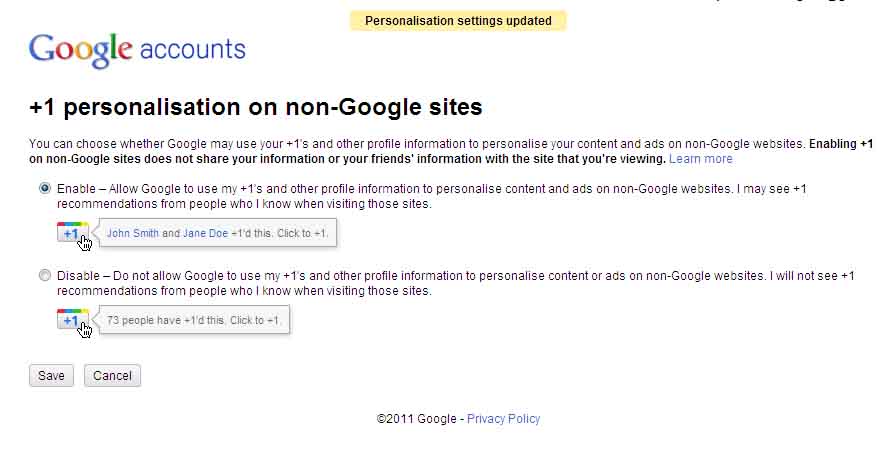 google 1 button. Personalization of Google +1